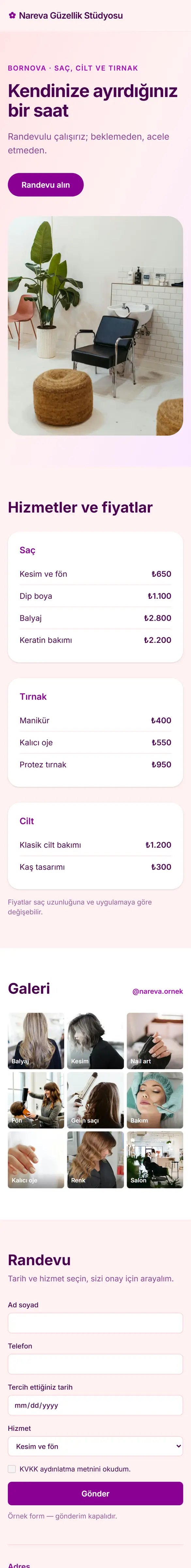 Nareva Güzellik Stüdyosu örnek sitesinin telefondaki ilk ekranı