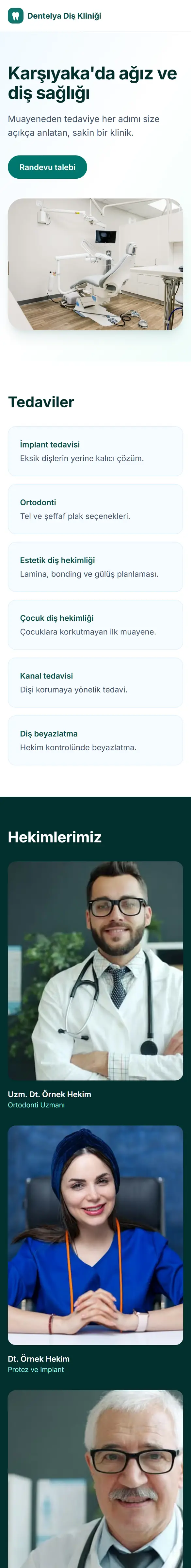 Dentelya Diş Kliniği örnek sitesinin telefondaki ilk ekranı