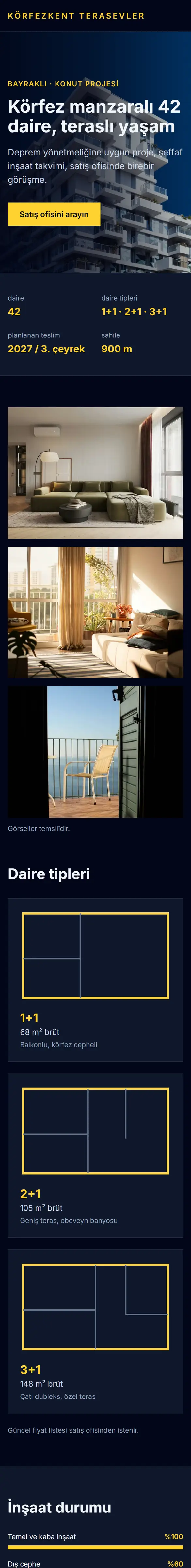 Körfezkent Terasevler örnek sitesinin telefondaki ilk ekranı