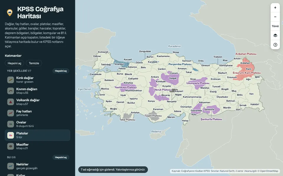 KPSS Coğrafya Haritası: katman listesi ve platoların işaretlendiği Türkiye haritası