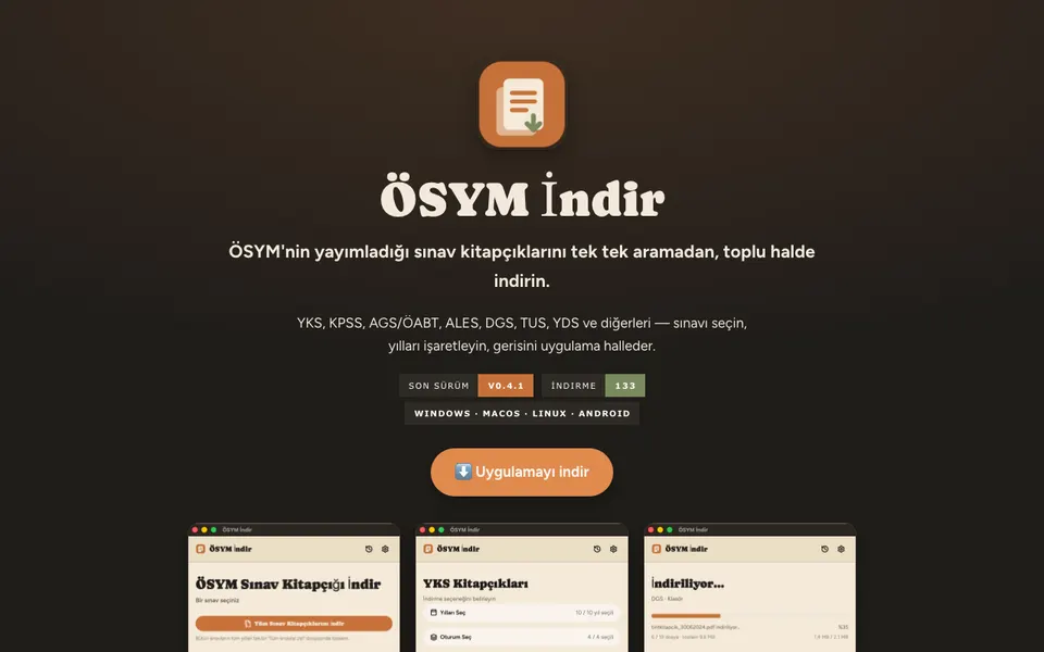 ÖSYM İndir tanıtım sayfası: uygulama simgesi, desteklenen sınavlar ve uygulama ekranlarından örnekler